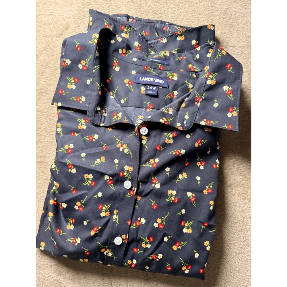Lands End Womens 24W Navy Blue Floral  Cotton Button Up Shirt Garden Summer